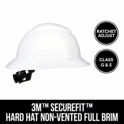 3M™ SecureFit™ Hard Hat Non-Vented Full Brim with Ratchet Adjustment, White, 1 Ea/Pk